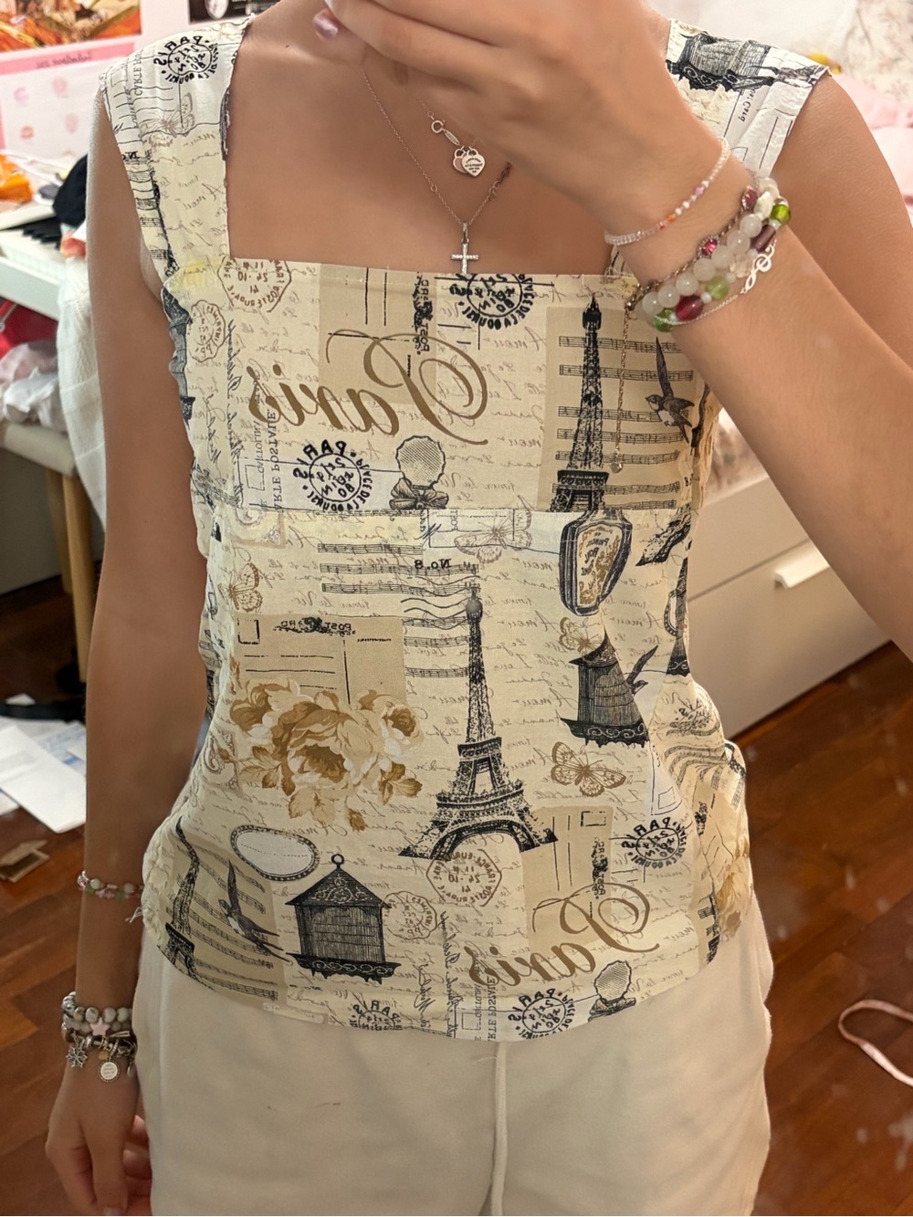 Paris Print babydoll Square-Neck Women’s Top — Beige